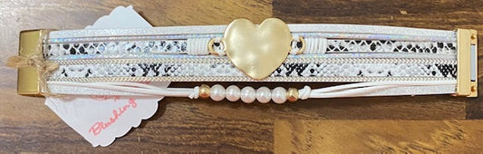 Heart & Pearls Leather Magnetic White Bracelet