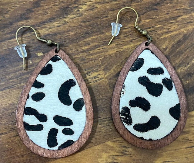 Animal Print Leather & Wood Teardrop Earrings