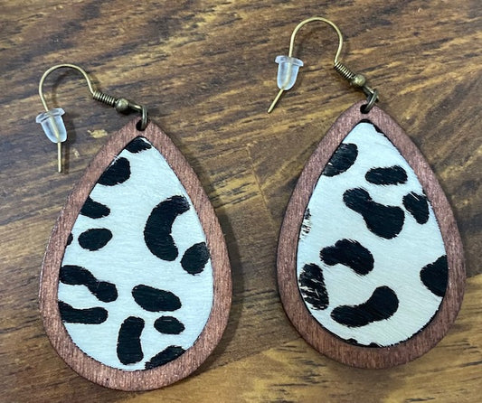 Animal Print Leather & Wood Teardrop Earrings