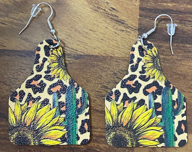 Sunflower and Leopard Print Cow Tag Double Sided Earrings